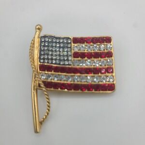 Vintage‎ KJL Brooch American Flag Patriotic Rhinestone Red White Blue Signed